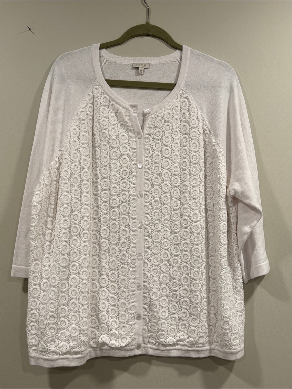 Talbots White Crochet Lace Front Button Cardigan Sweater with 3/4 Sleeves